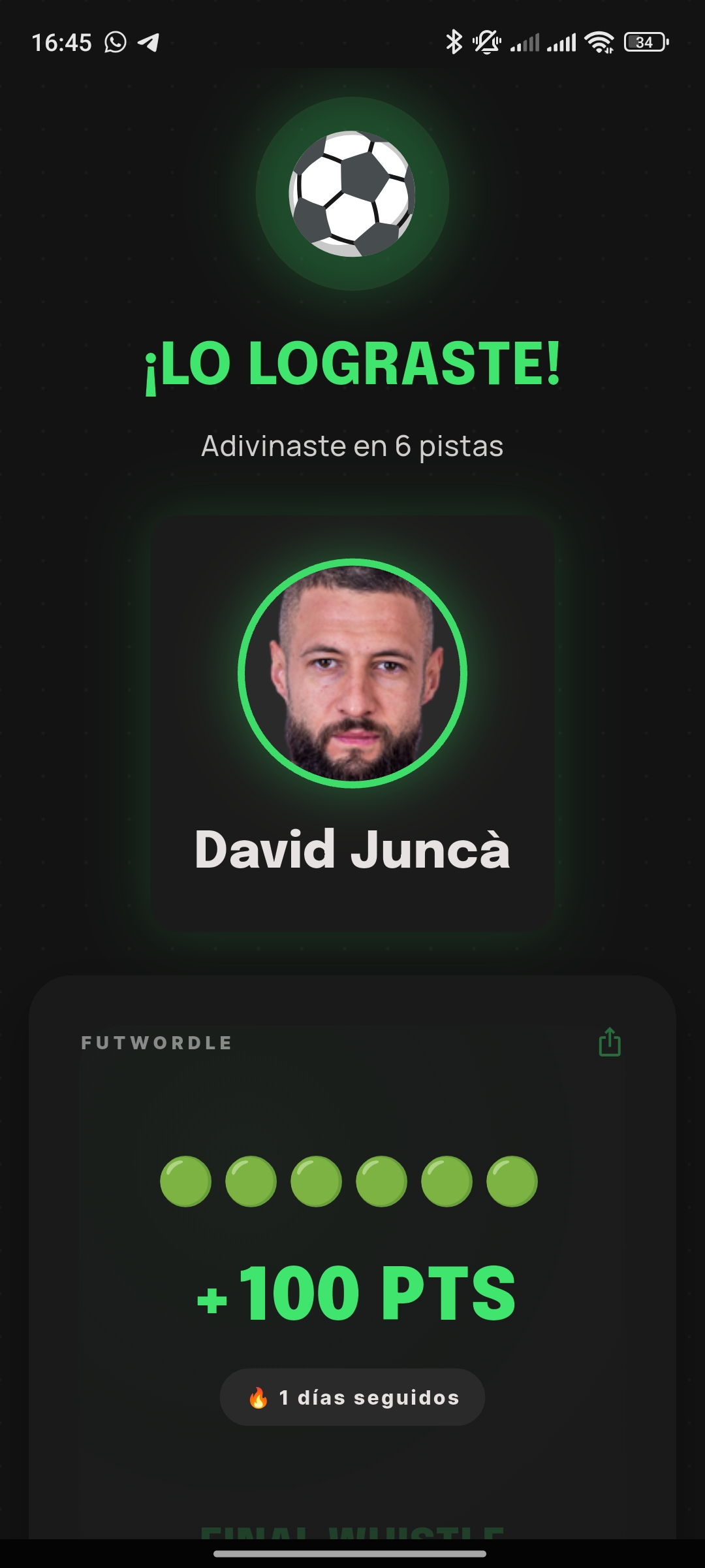 Pantalla de victoria en FutWordle con puntuación obtenida y desglose de puntos ganados